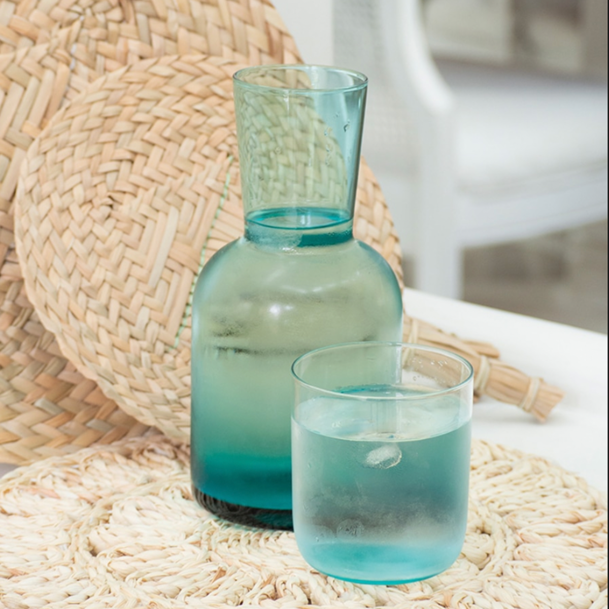 Glass Hand Blown Carafe Set - Teal