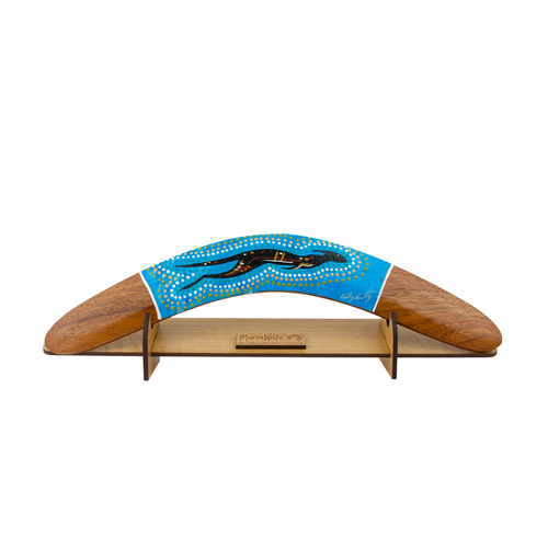 Hand Painted Souvenir Boomerang with Display Stand, Bundaberg South, QLD - Blue